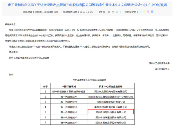 快讯︱洲明获评2019年度深圳市级企业技术中心