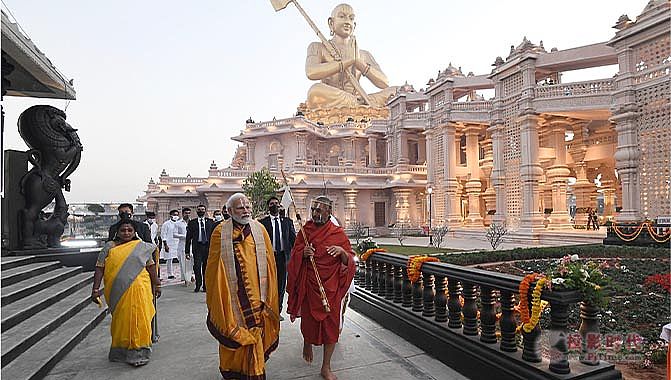 Indian Prime Minister Narendra Modi (in golden robes) at the inauguration ceremony.